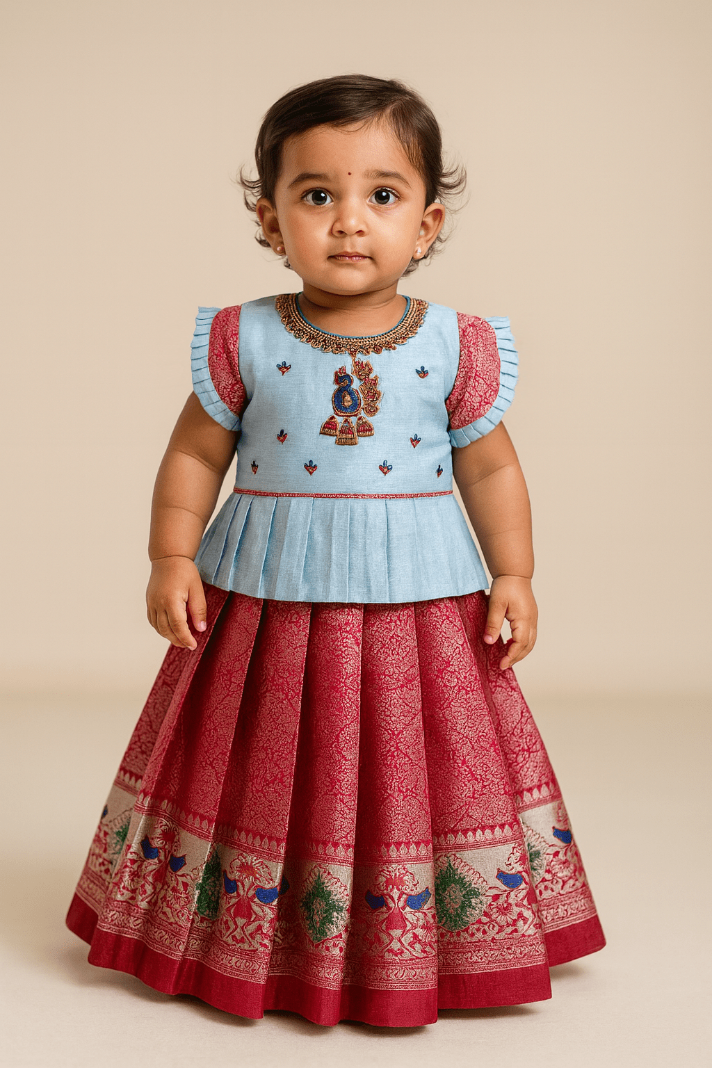peacock aari work pattu pavadai sky blue pink designer sleeve princenprincess