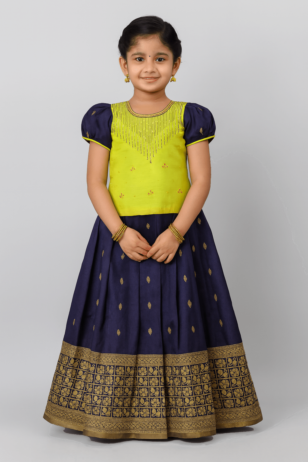 Kids Sky Green Navy Blue Embroidery Aari Work Pattu Pavadai Ppp982 - Prince N Princess