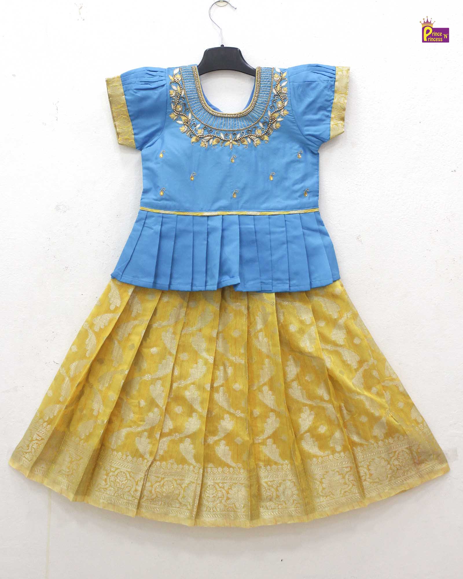Kids Skyblue with Yellow Traditional AARI Work Pattu Pavadai PPP1651 for kids festival wear
