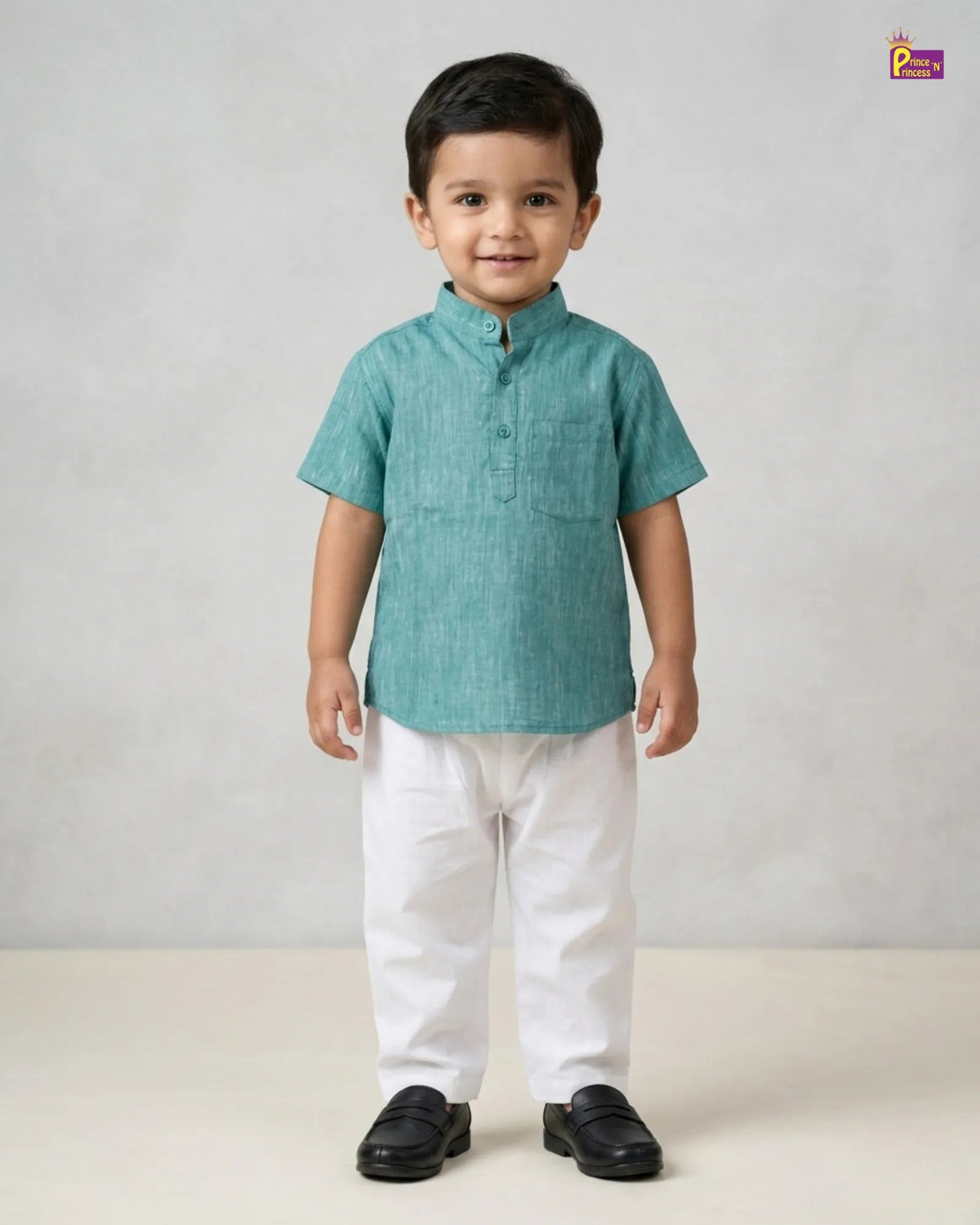 Kids Teal Blue Plain Slub Cotton Kurta White Pajama Ethnic Wear KP225 for kids festival wear