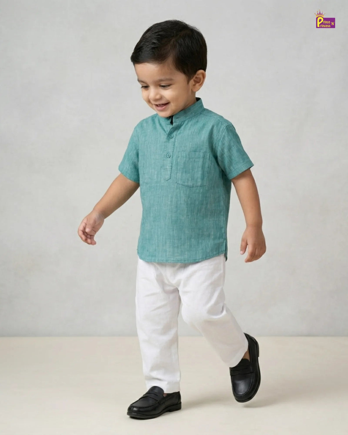 Kids Teal Blue Plain Slub Cotton Kurta White Pajama Ethnic Wear KP225 for kids festival wear