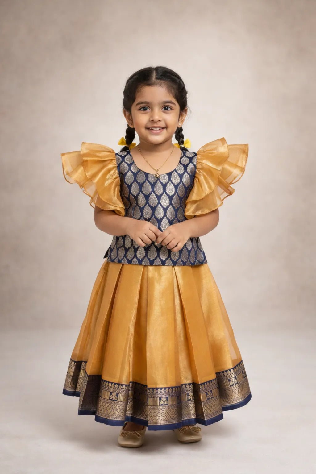 Kids Tissue Traditional Pattu Pavadai Golden with Navy PPP1780 - Prince N Princess