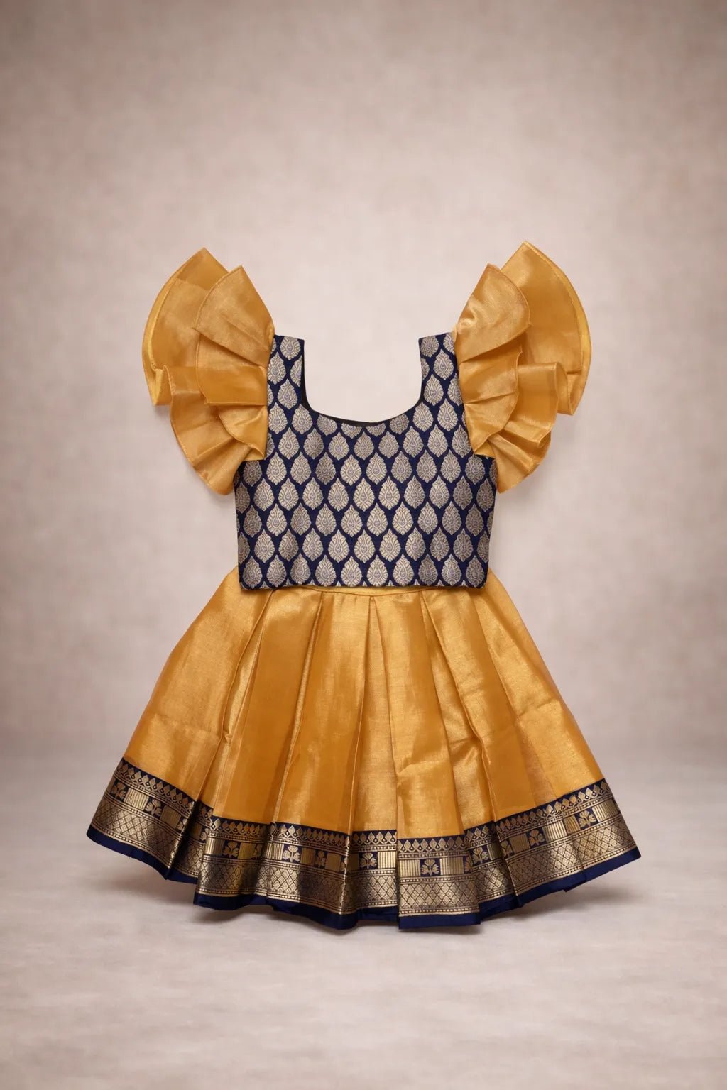Kids Tissue Traditional Pattu Pavadai Golden with Navy PPP1780 - Prince N Princess