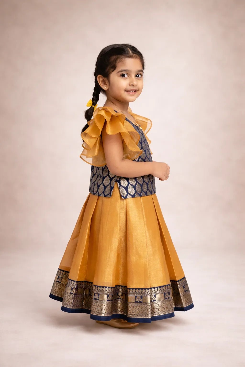 Kids Tissue Traditional Pattu Pavadai Golden with Navy PPP1780 - Prince N Princess