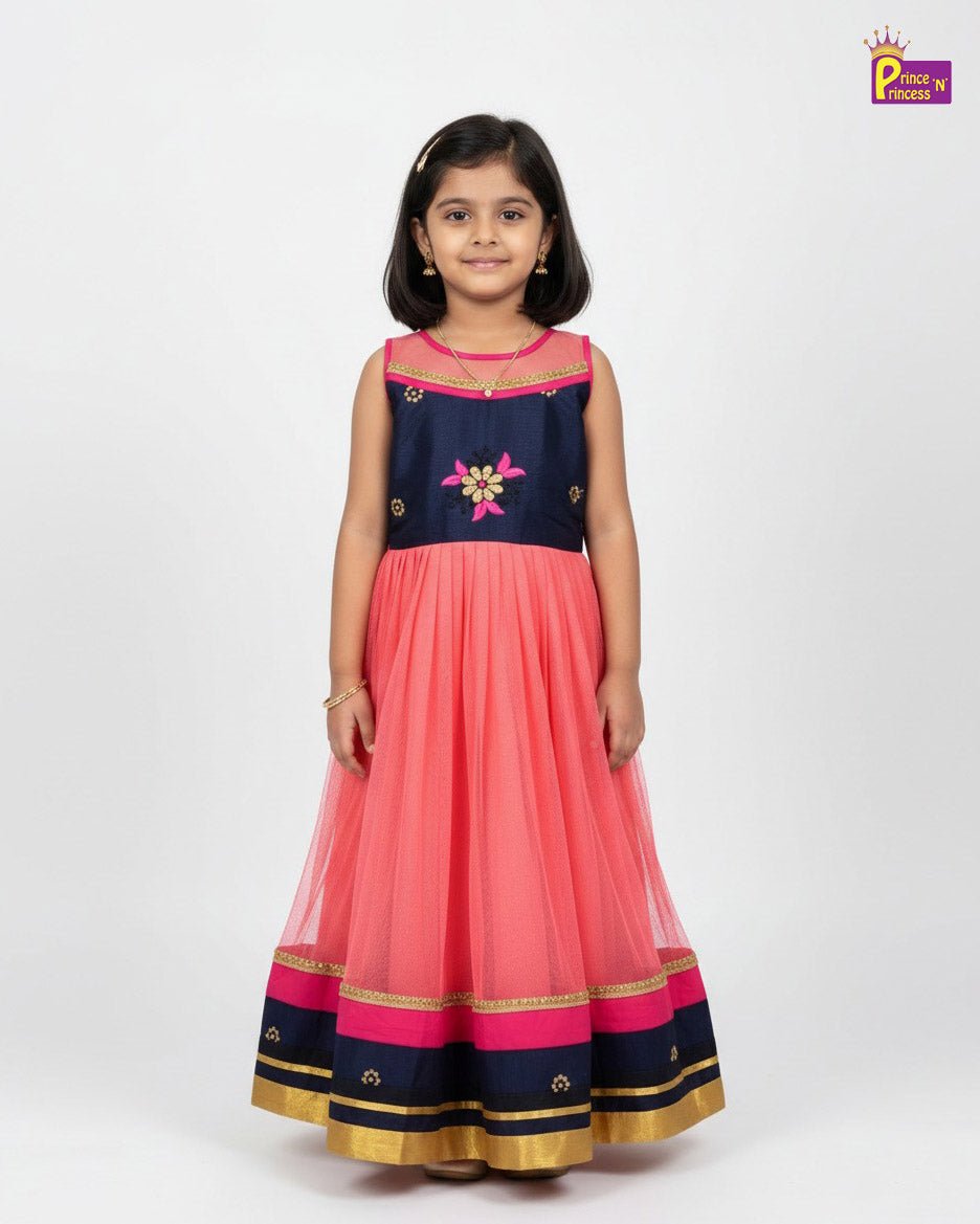 Kids Traditional Aari Long Gown in Navy with Peach PG667 - Prince N Princess