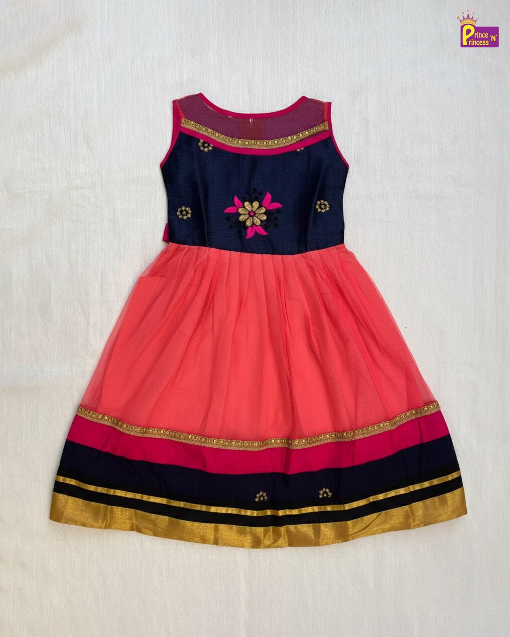 Kids Traditional Aari Long Gown in Navy with Peach PG667 - Prince N Princess