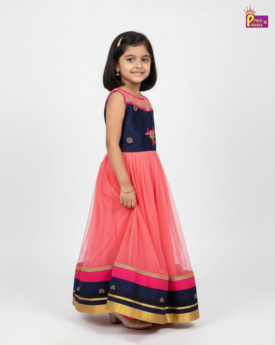 Kids Traditional Aari Long Gown in Navy with Peach PG667 - Prince N Princess