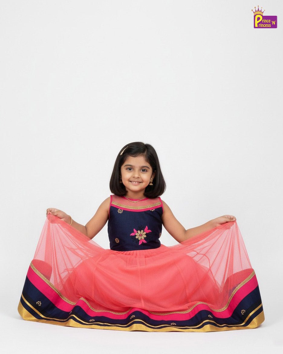 Kids Traditional Aari Long Gown in Navy with Peach PG667 - Prince N Princess