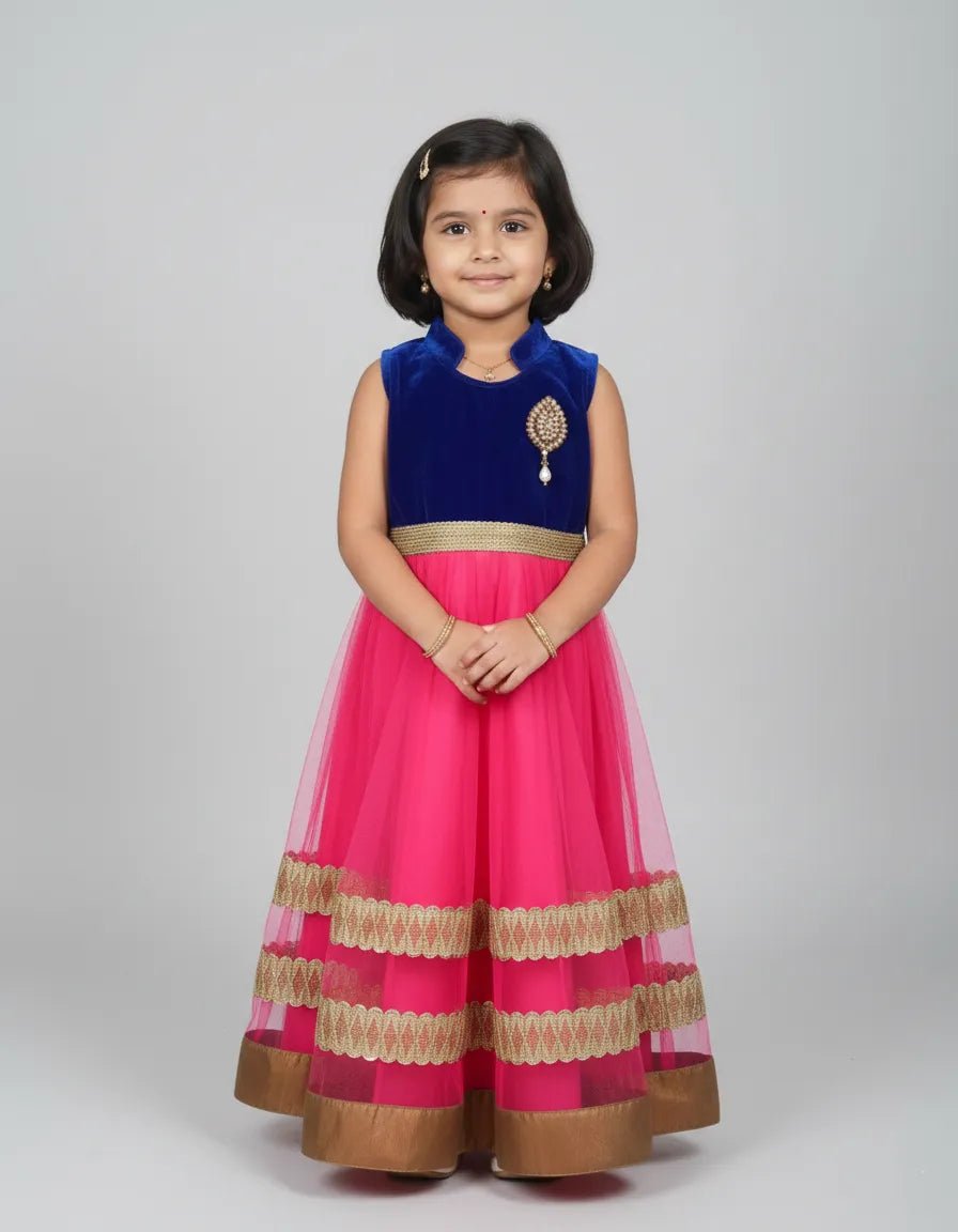 Kids Traditional Aari Long Gown in Pepsi Blue with Pink PG663 - Prince N Princess