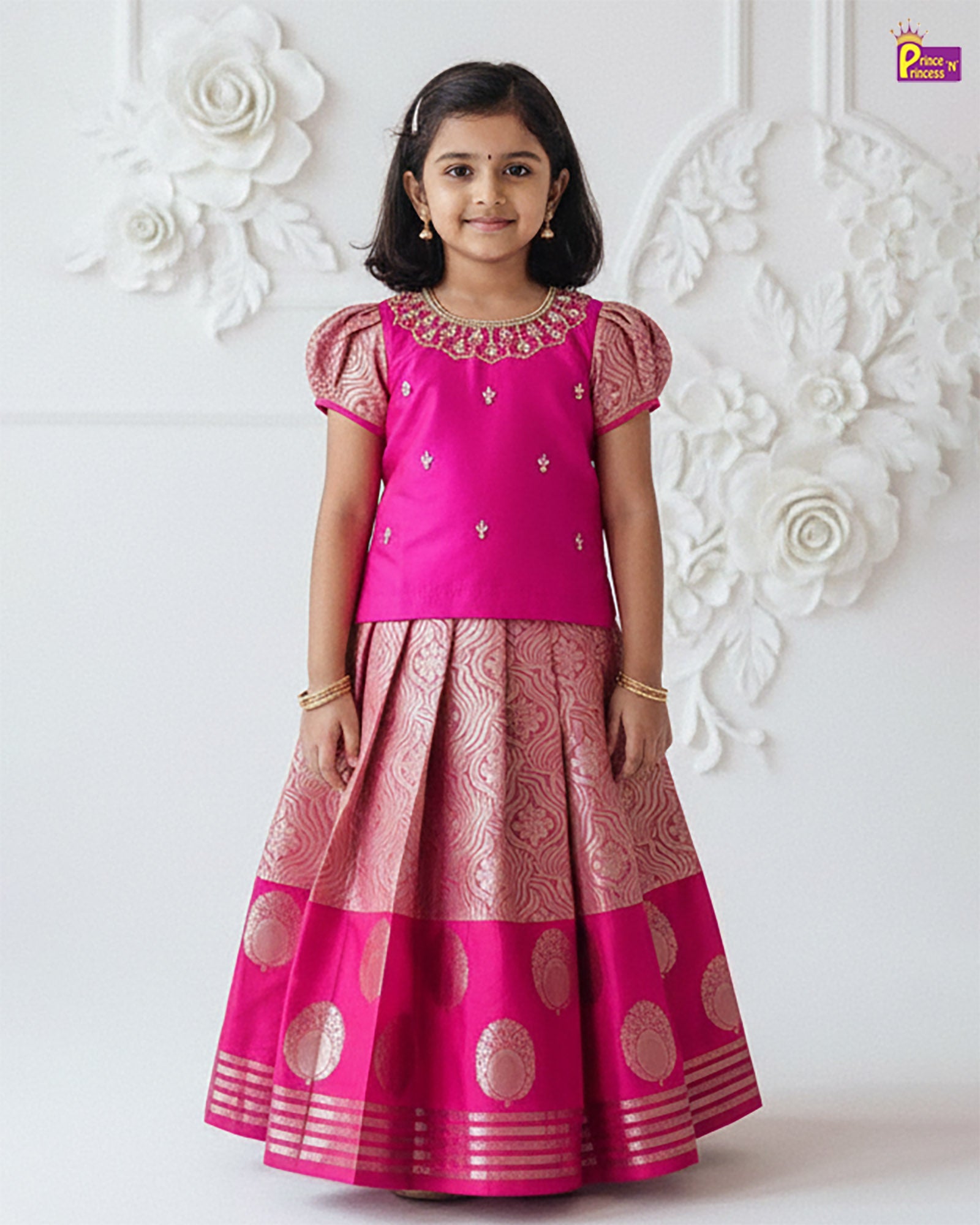Kids Traditional Aari Pattu Pavadai for Girls - Pink Raw Silk designed with Elegant Look