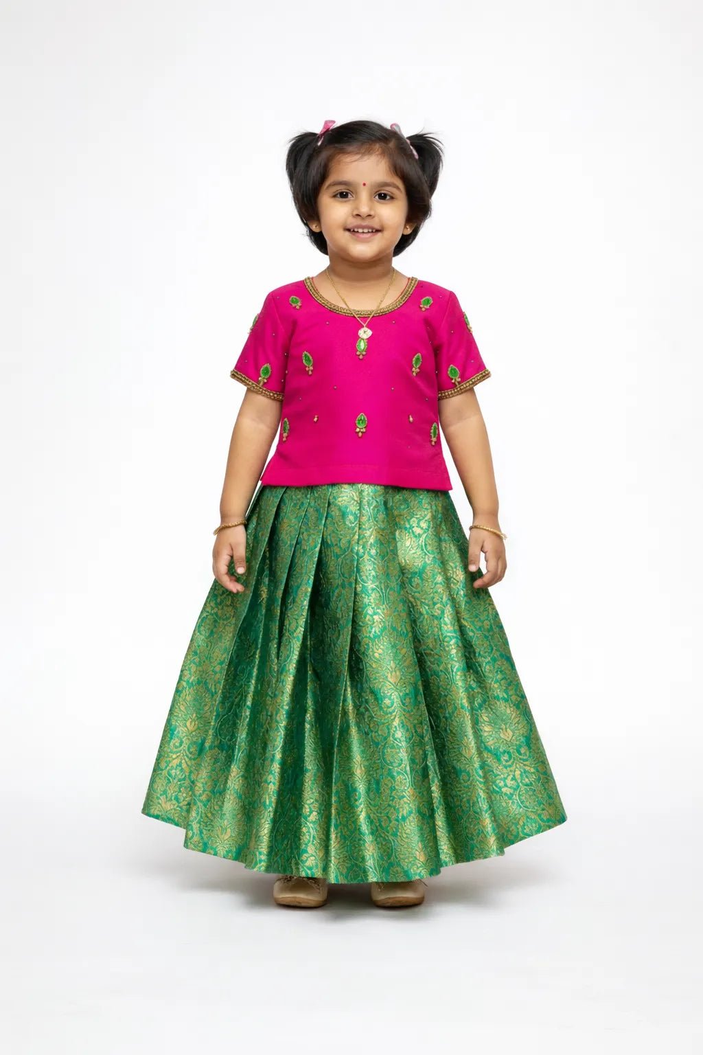 Kids Traditional AARI Pattu Pavadai Green with Pink PPP843 - Prince N Princess