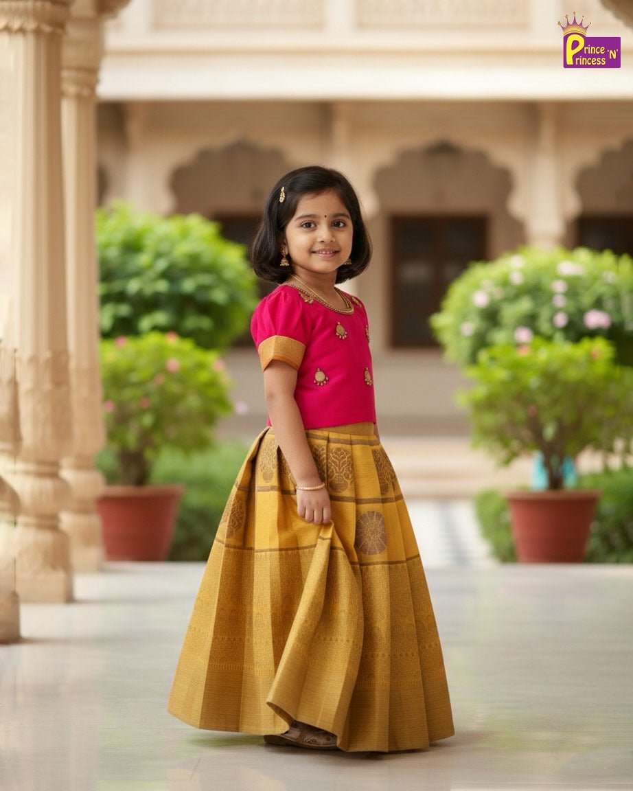 Kids Traditional AARI Pattu Pavadai Yellow with Pink PPP2010 - Prince N Princess