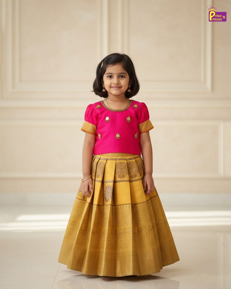 Kids Traditional AARI Pattu Pavadai Yellow with Pink PPP2010 - Prince N Princess