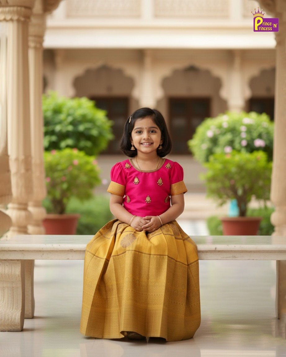 Kids Traditional AARI Pattu Pavadai Yellow with Pink PPP2010 - Prince N Princess