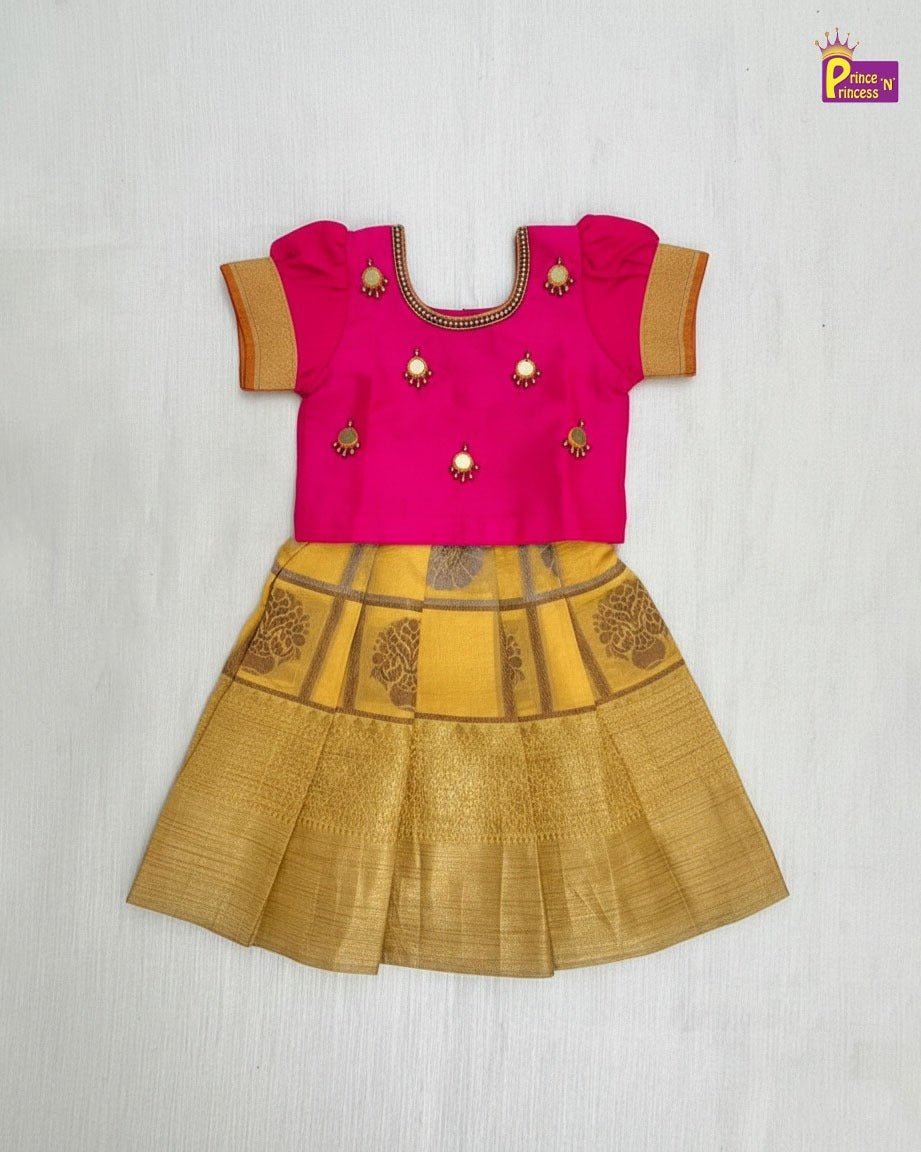 Kids Traditional AARI Pattu Pavadai Yellow with Pink PPP2010 - Prince N Princess