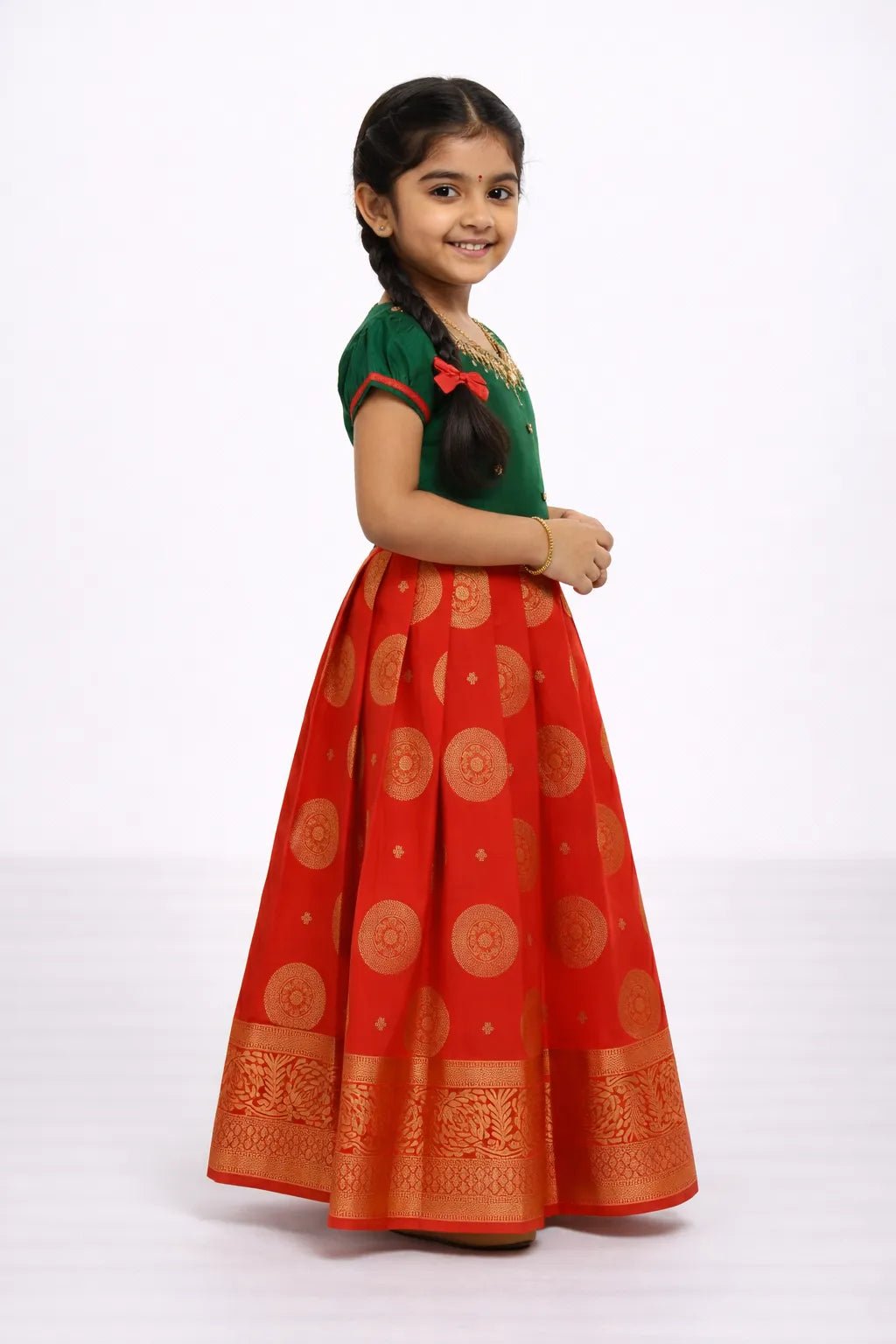 Kids Traditional Aari Work Long gown Green with Orange PG569 - Prince N Princess