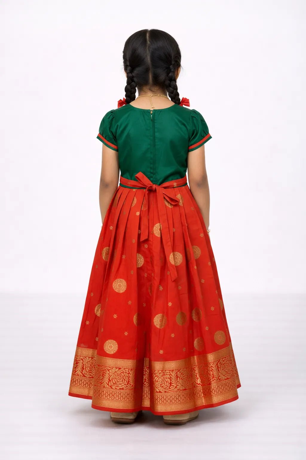 Kids Traditional Aari Work Long gown Green with Orange PG569 - Prince N Princess
