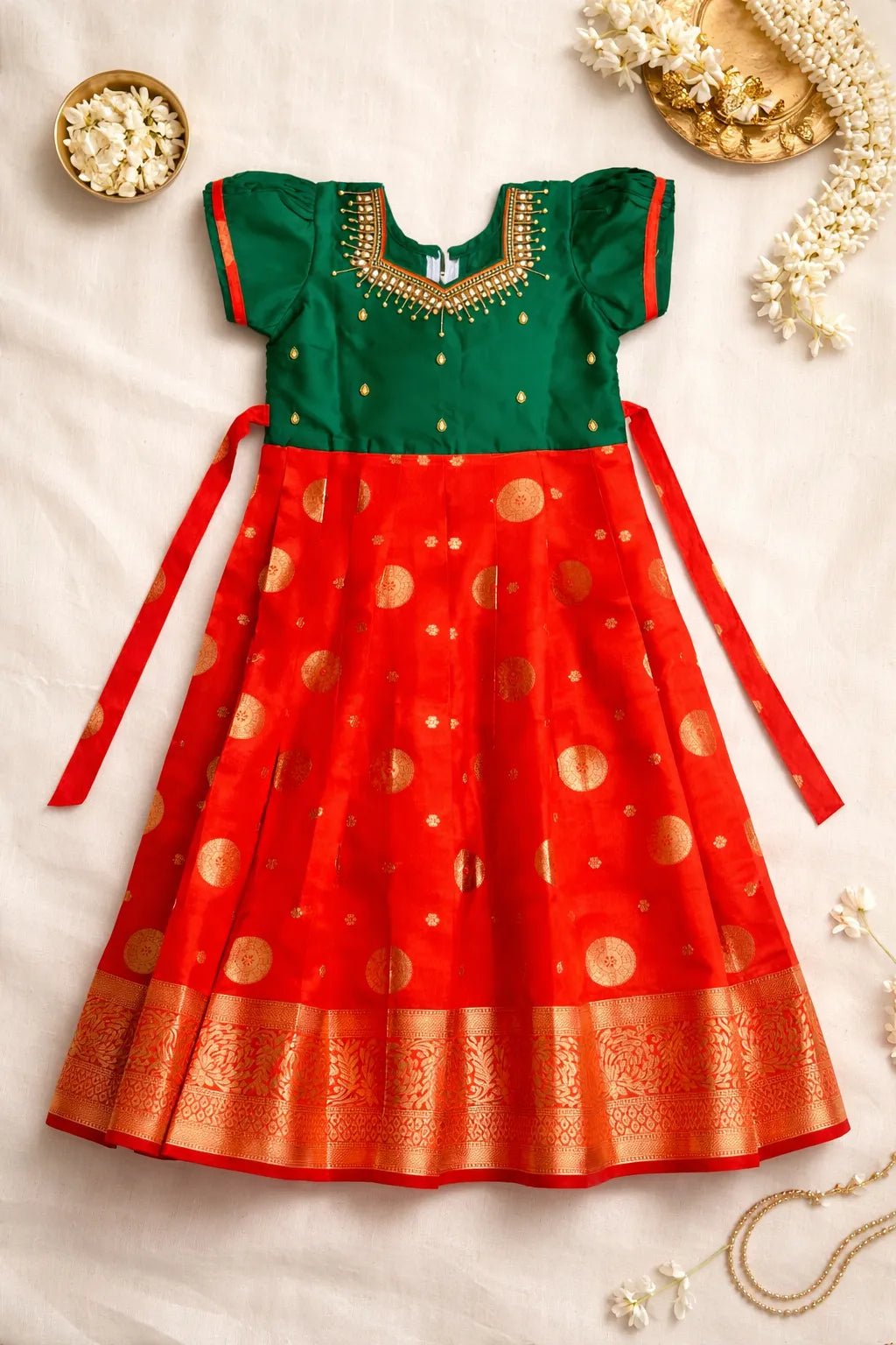 Kids Traditional Aari Work Long gown Green with Orange PG569 - Prince N Princess
