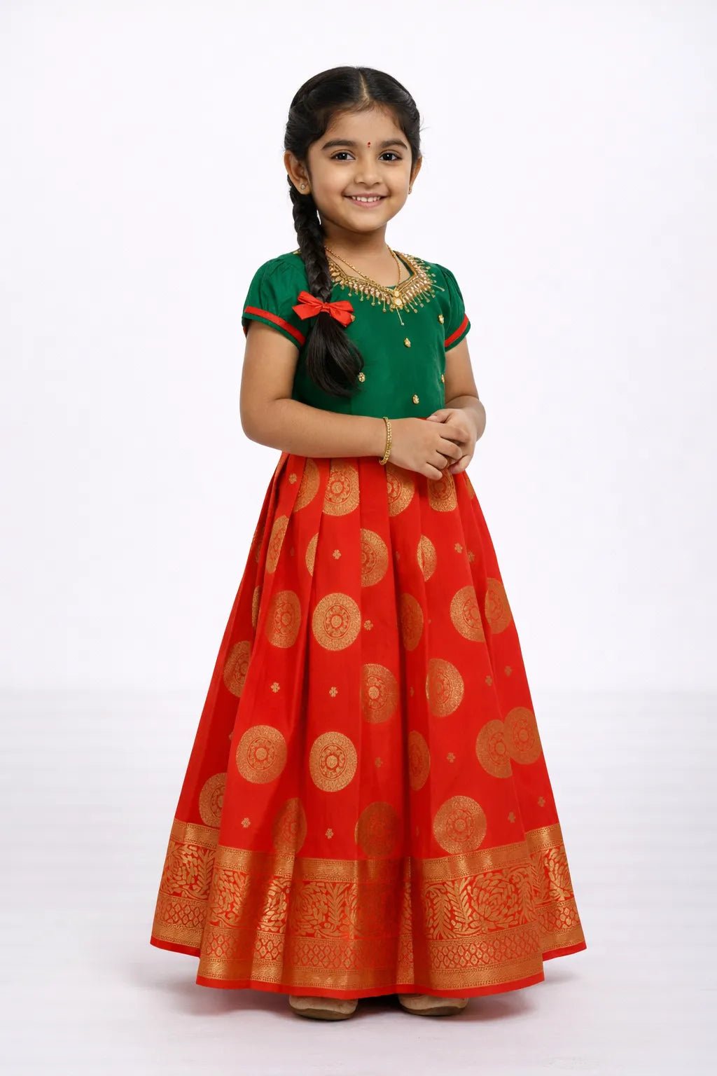 Kids Traditional Aari Work Long gown Green with Orange PG569 - Prince N Princess