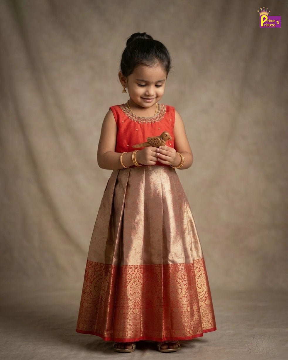 Kids Traditional Aari Work Long gown in Red with Golden PG557 - Prince N Princess