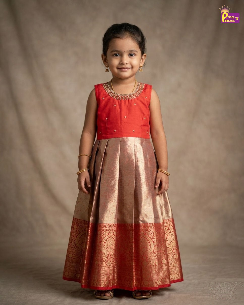 Kids Traditional Aari Work Long gown in Red with Golden PG557 - Prince N Princess