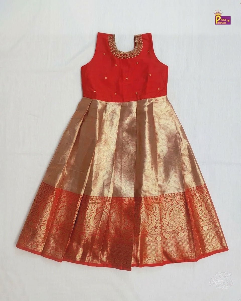 Kids Traditional Aari Work Long gown in Red with Golden PG557 - Prince N Princess