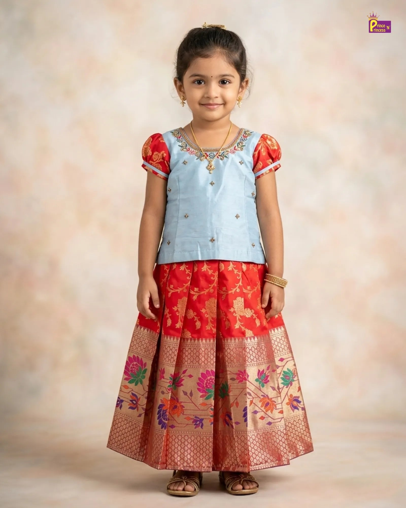 Kids Traditional Aari work Pattu pavadai in Sky Blue with Red PPP1520 for kids festival wear