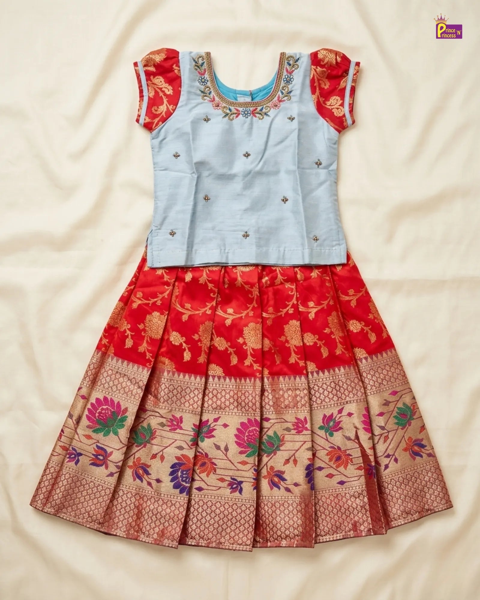 Kids Traditional Aari work Pattu pavadai in Sky Blue with Red PPP1520 for kids festival wear