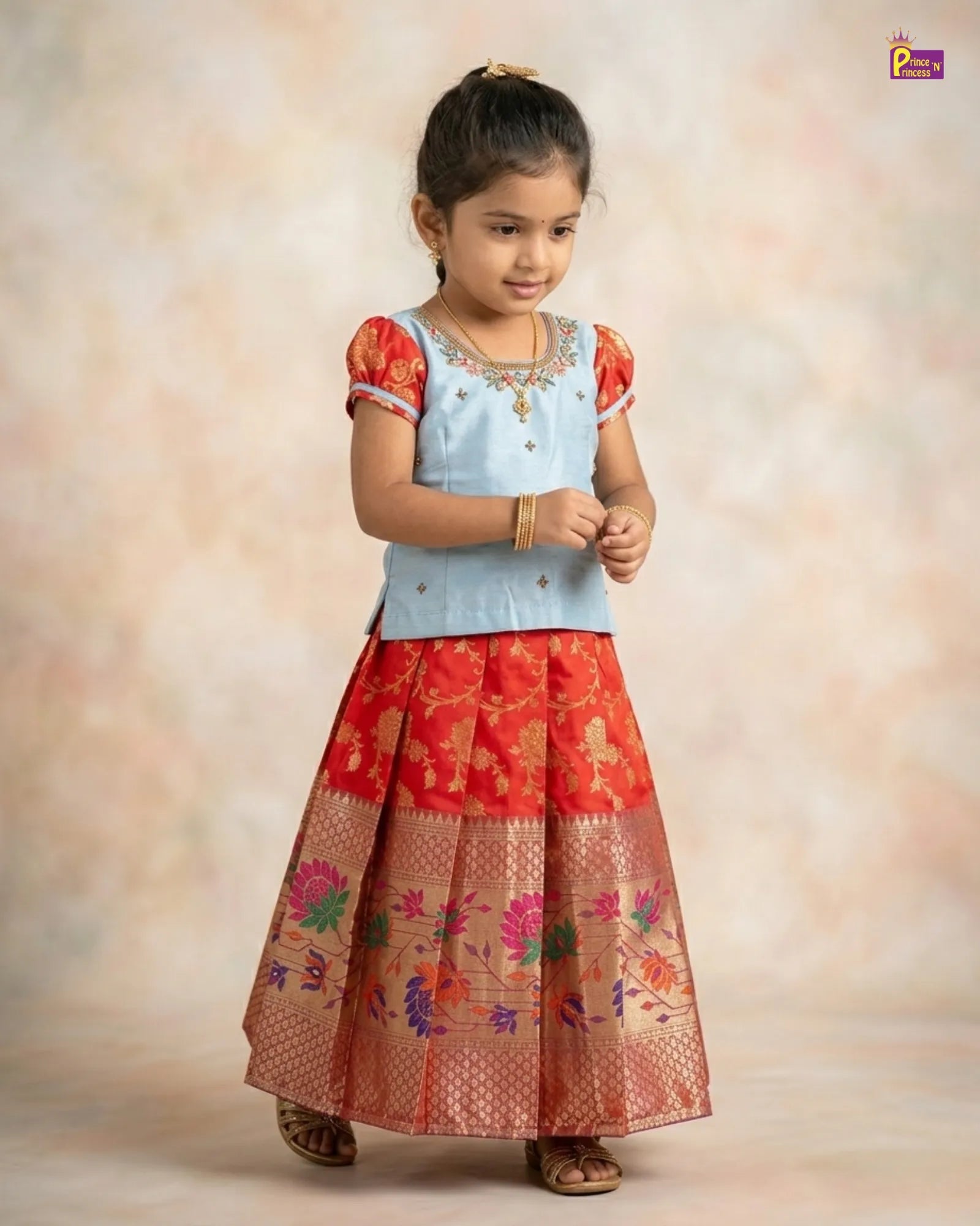 Kids Traditional Aari work Pattu pavadai in Sky Blue with Red PPP1520 for kids festival wear