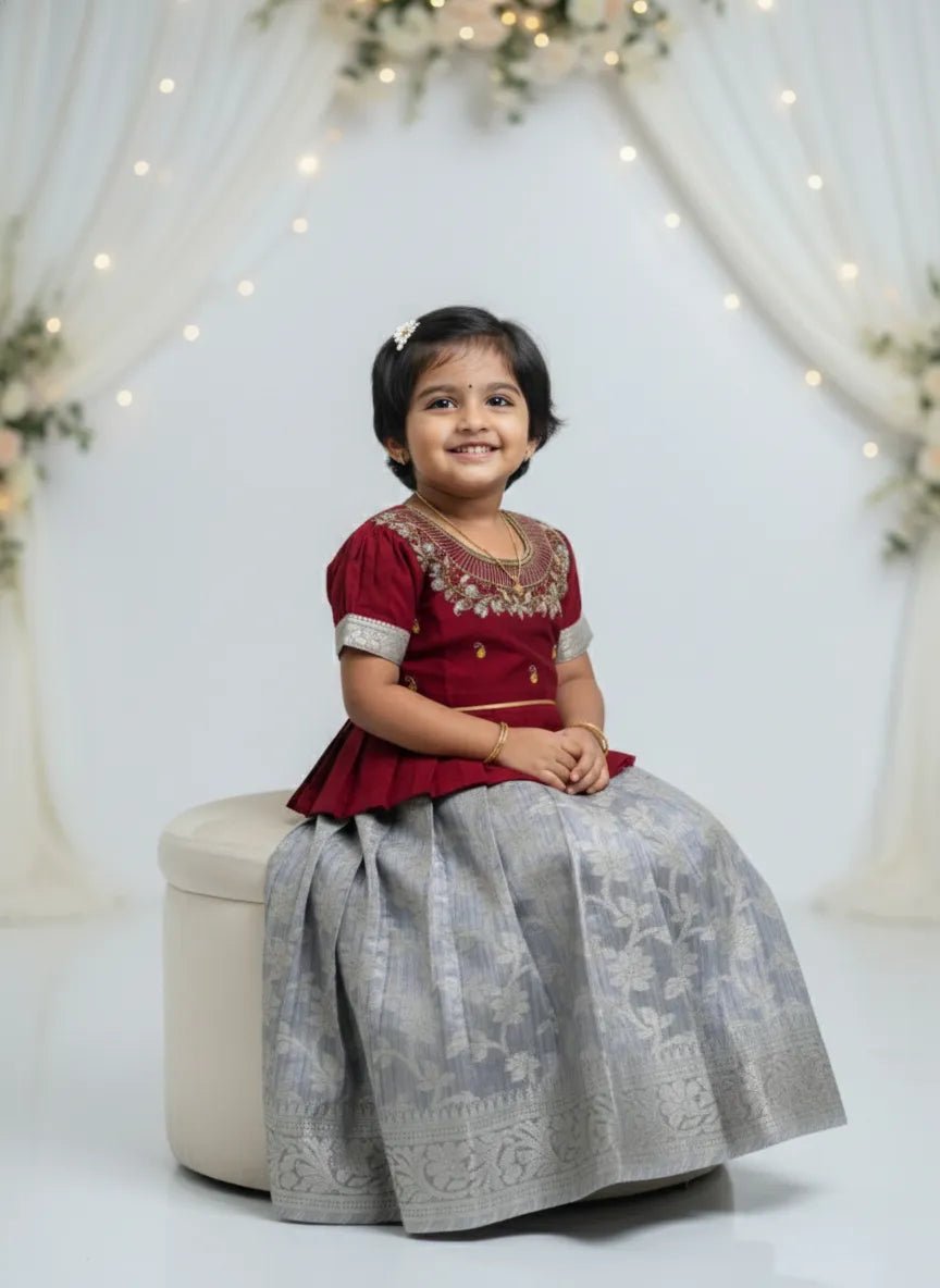 Kids Traditional AARI Work Pattu Pavadai Maroon and Grey PPP1738 - Prince N Princess