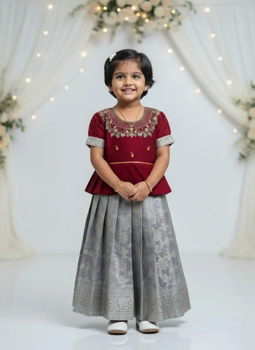 Kids Traditional AARI Work Pattu Pavadai Maroon and Grey PPP1738 - Prince N Princess