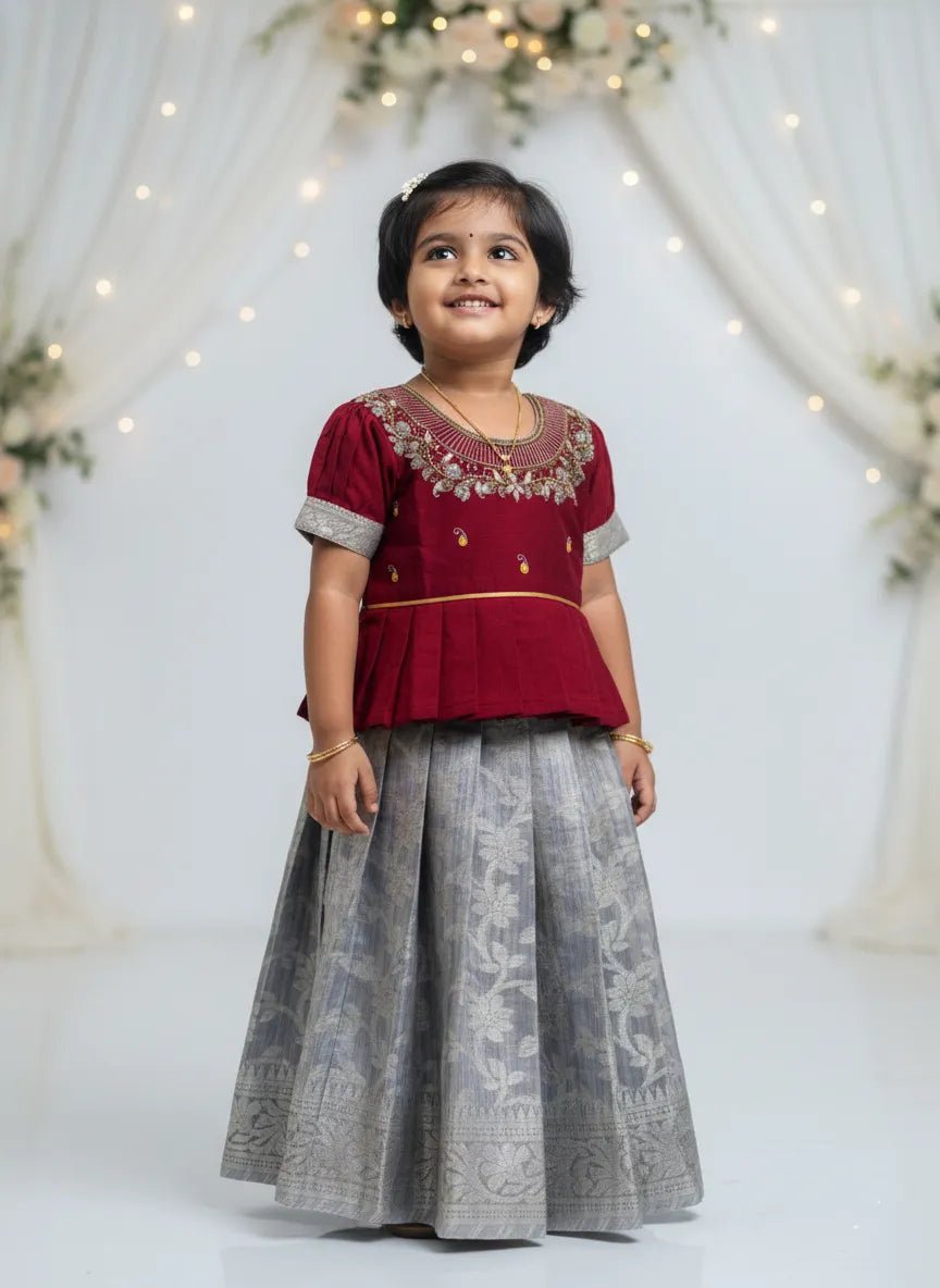 Kids Traditional AARI Work Pattu Pavadai Maroon and Grey PPP1738 - Prince N Princess