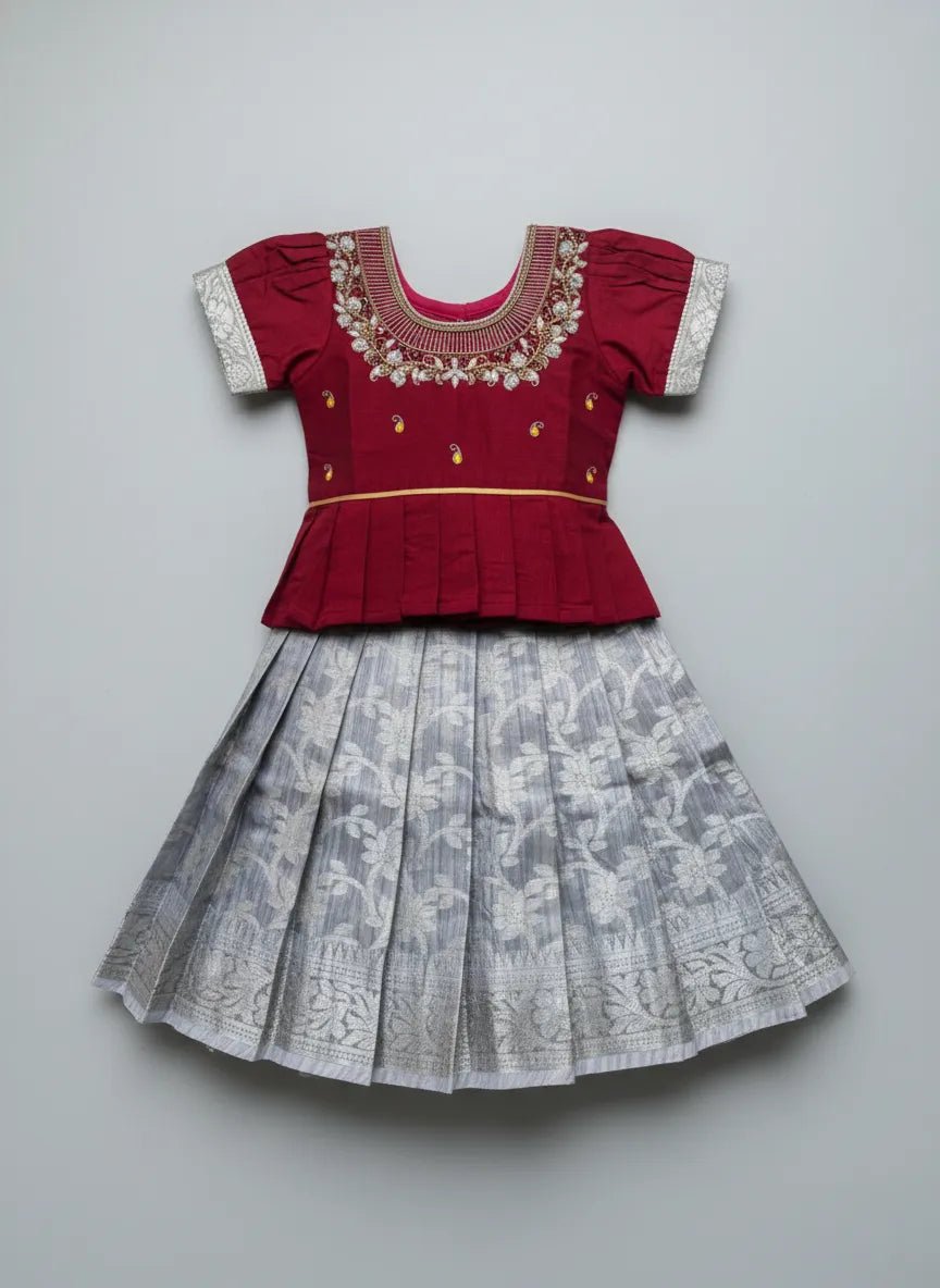 Kids Traditional AARI Work Pattu Pavadai Maroon and Grey PPP1738 - Prince N Princess