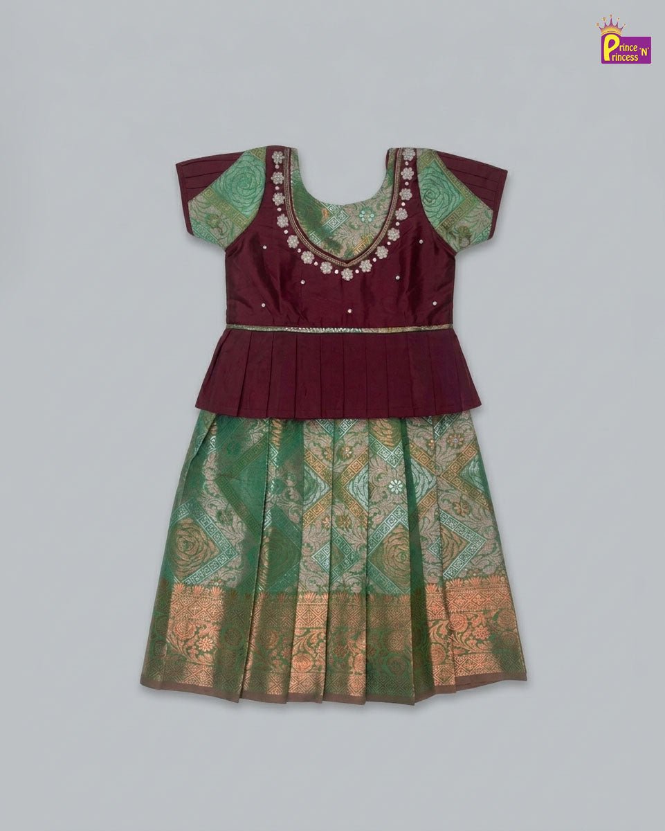 Kids Traditional AARI Work pattu Pavadai Maroon & Green PPP1613 - Prince N Princess