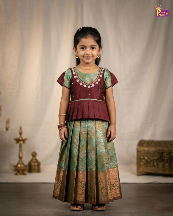 Kids Traditional AARI Work pattu Pavadai Maroon & Green PPP1613 - Prince N Princess