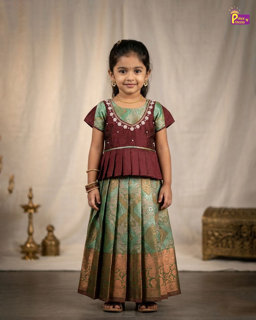 Kids Traditional AARI Work pattu Pavadai Maroon & Green PPP1613 - Prince N Princess