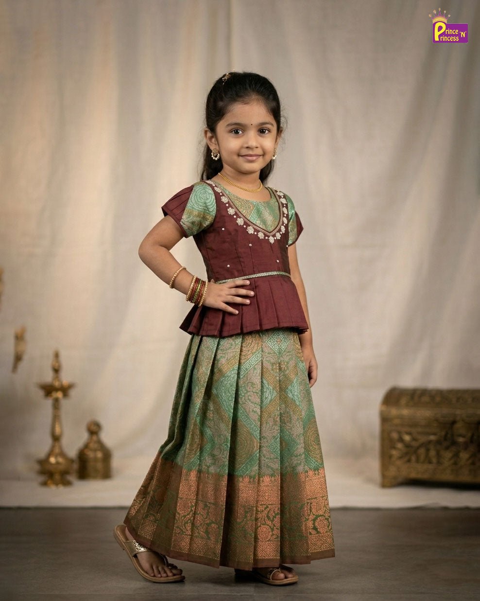 Kids Traditional AARI Work pattu Pavadai Maroon & Green PPP1613 - Prince N Princess