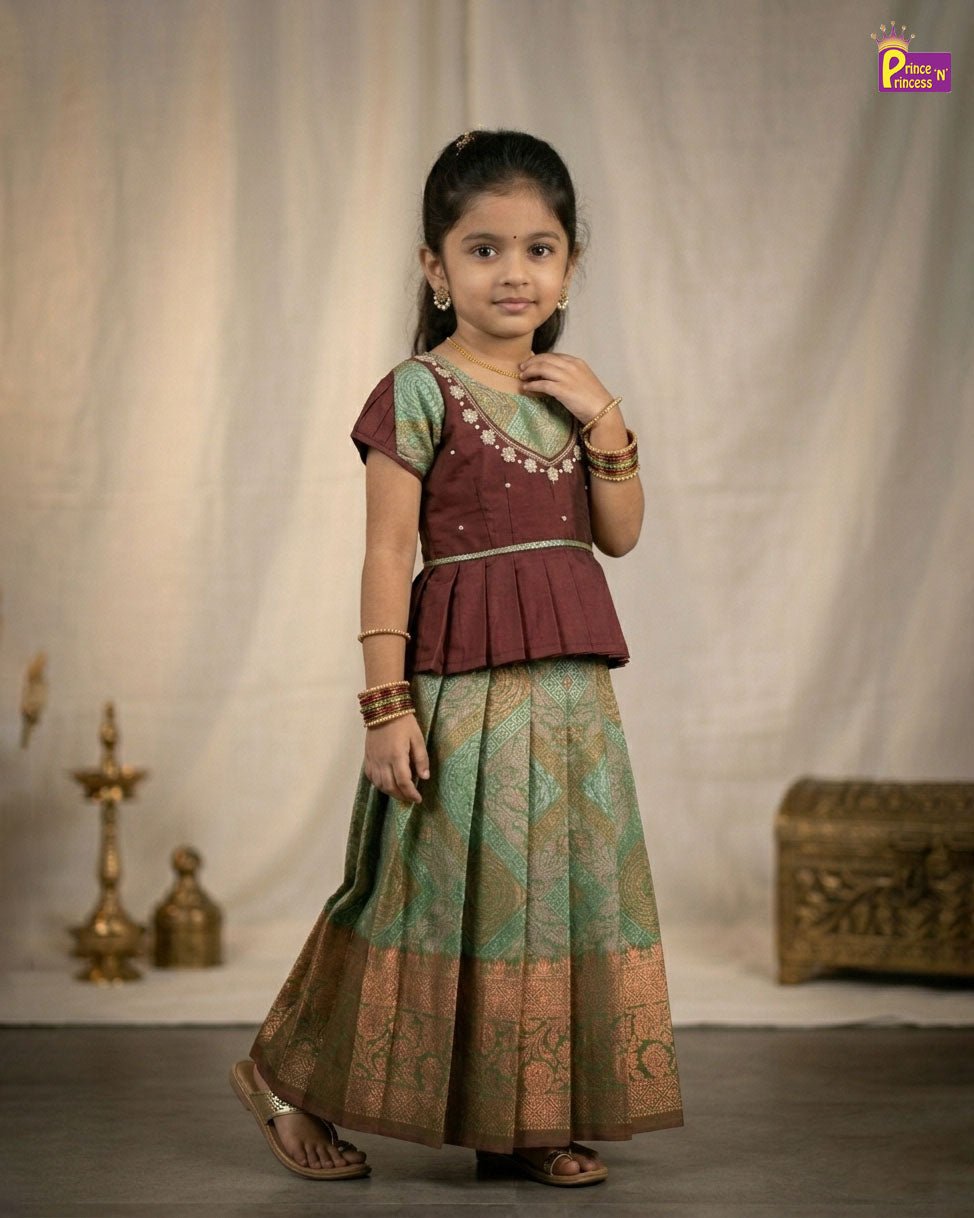 Kids Traditional AARI Work pattu Pavadai Maroon & Green PPP1613 - Prince N Princess