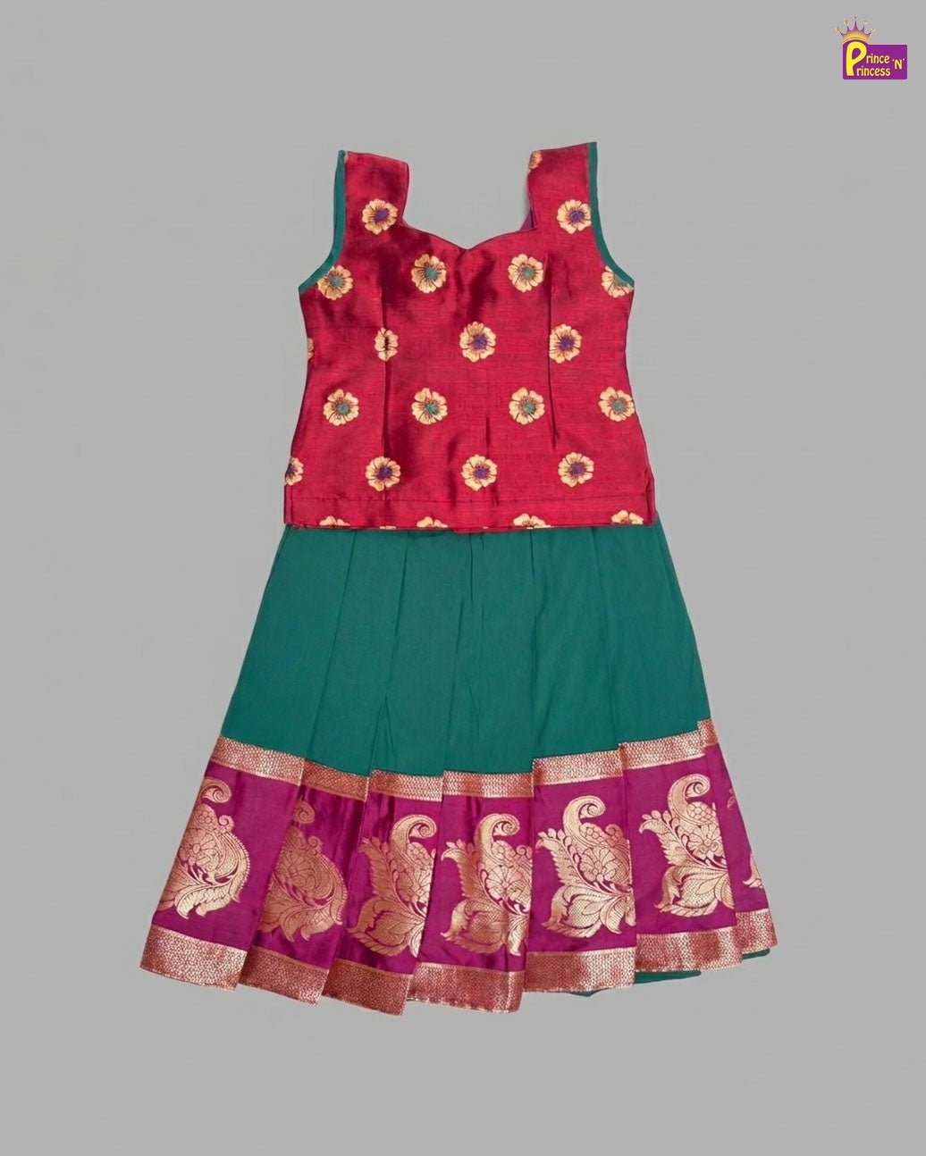 Kids Traditional Aari Work Pattupavadai in Maroon with Green PPP2024 - Prince N Princess