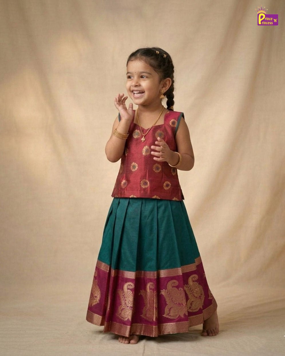 Kids Traditional Aari Work Pattupavadai in Maroon with Green PPP2024 - Prince N Princess