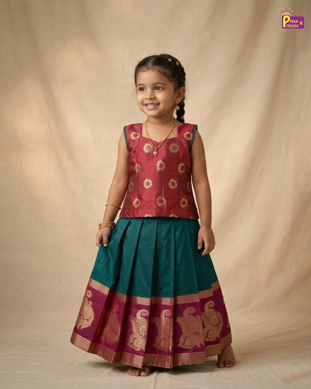 Kids Traditional Aari Work Pattupavadai in Maroon with Green PPP2024 - Prince N Princess