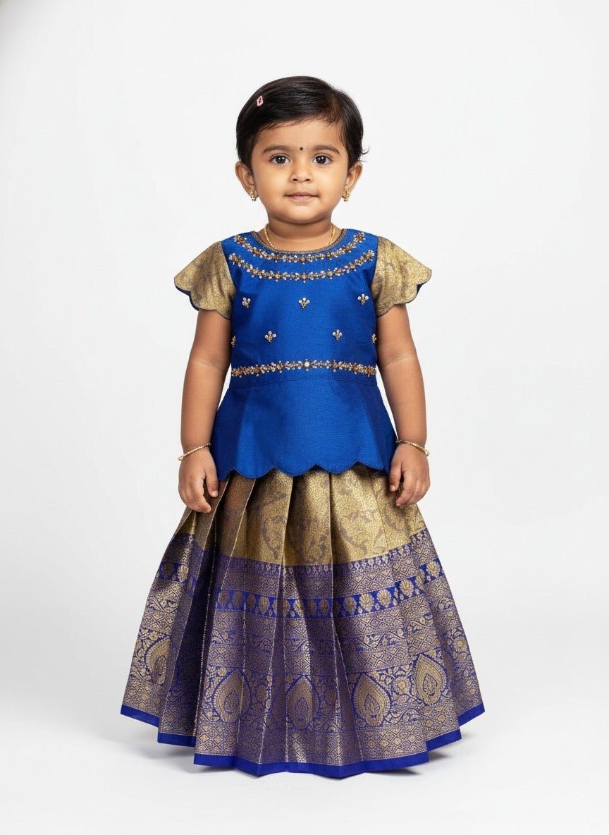 Kids Traditional Aari Work Pattupavadai in Pepsi Blue with Golden PPP1892 - Prince N Princess