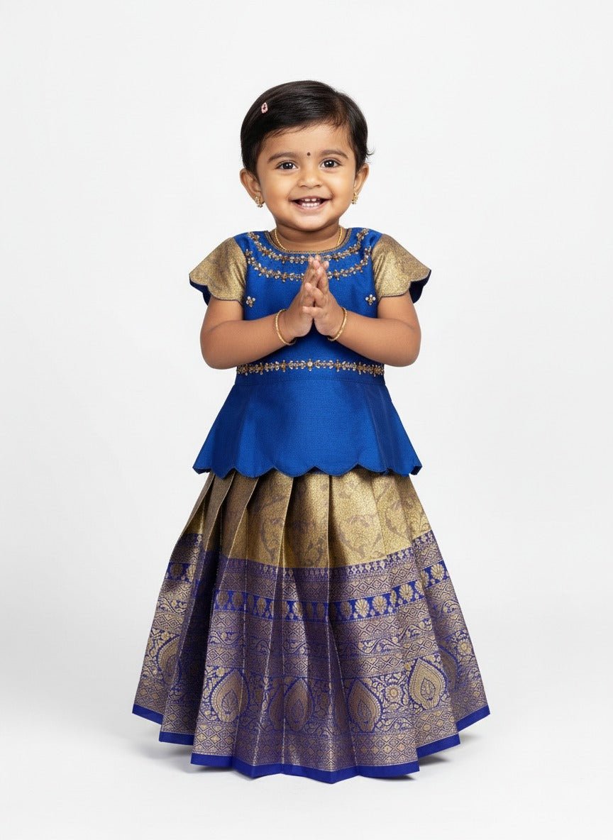 Kids Traditional Aari Work Pattupavadai in Pepsi Blue with Golden PPP1892 - Prince N Princess