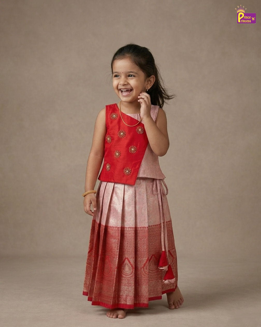 Kids Traditional Aari Work Pattupavadai in Red PPP2023 - Prince N Princess