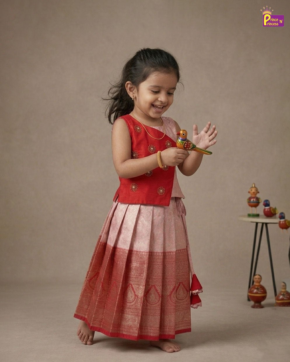Kids Traditional Aari Work Pattupavadai in Red PPP2023 - Prince N Princess