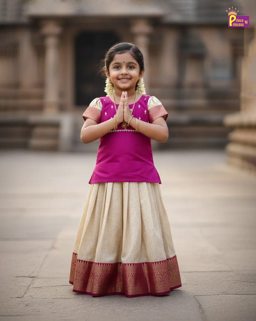 Kids Traditional AARI work Pattupavadai Purple with Half White PPP1758 - Prince N Princess