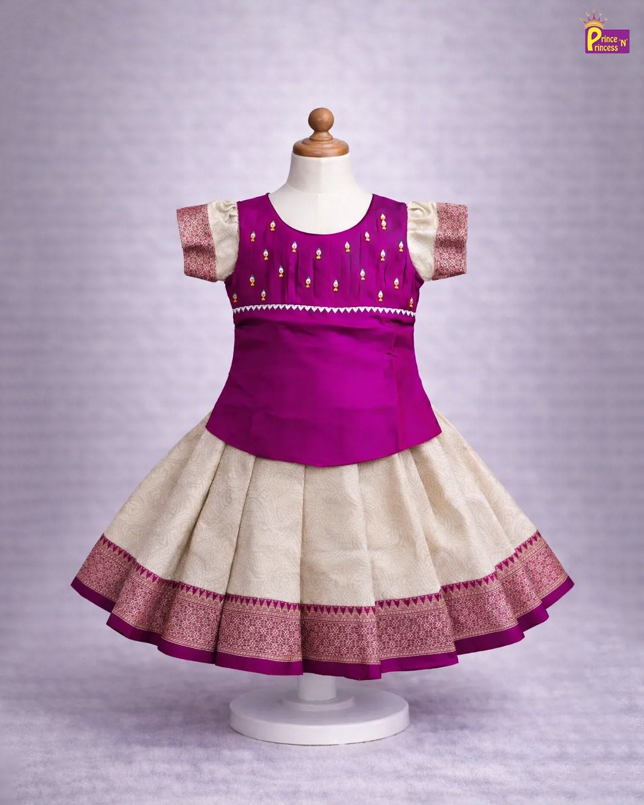 Kids Traditional AARI work Pattupavadai Purple with Half White PPP1758 - Prince N Princess