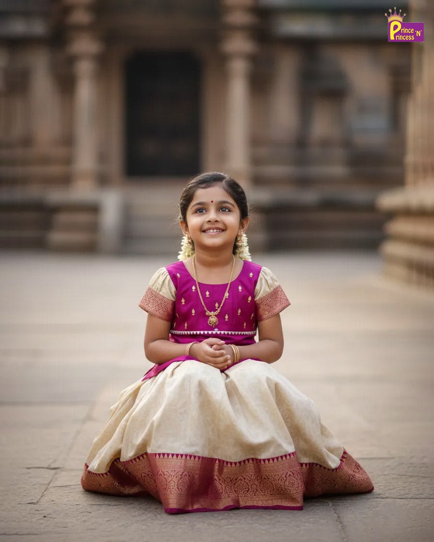 Kids Traditional AARI work Pattupavadai Purple with Half White PPP1758 - Prince N Princess