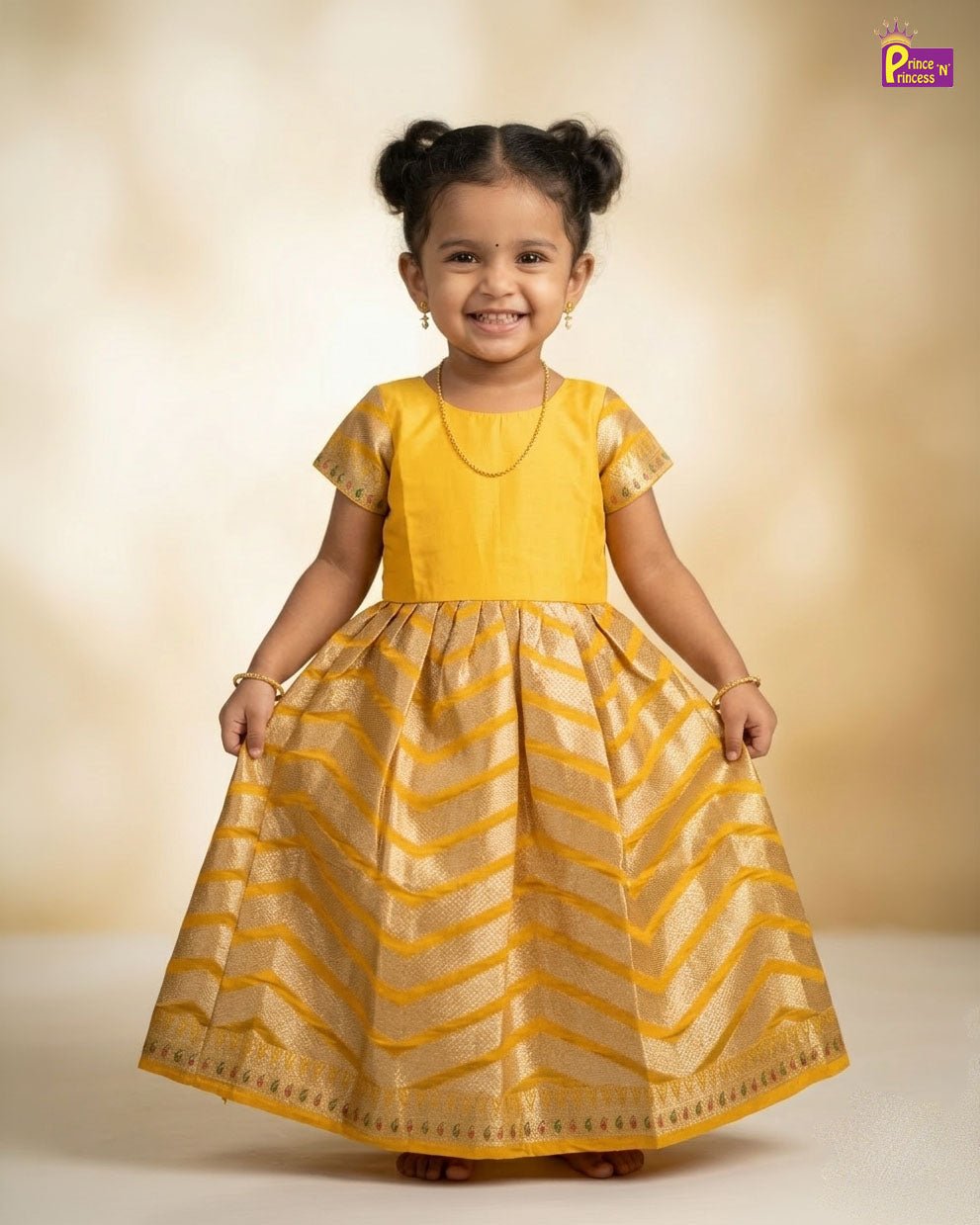 Kids Traditional Banarasi Chanderi Gown in Yellow PG335 - Prince N Princess