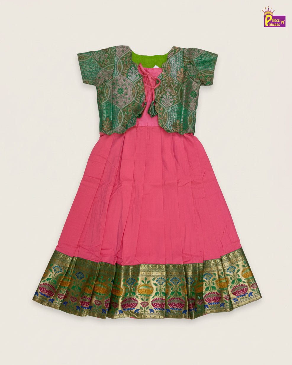 Kids Traditional Coat Gown in Green with Pink PG570 - Prince N Princess